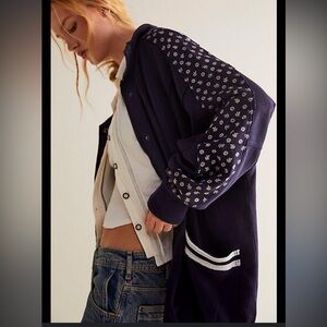 Free People Women’s Heritage Track Jacket Blue Large NWOT